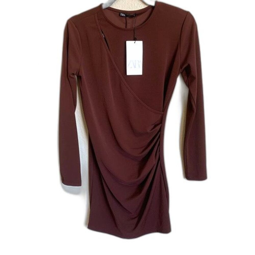 Zara brown dress women  ruched long sleeve bodycon size M  streetwear academia